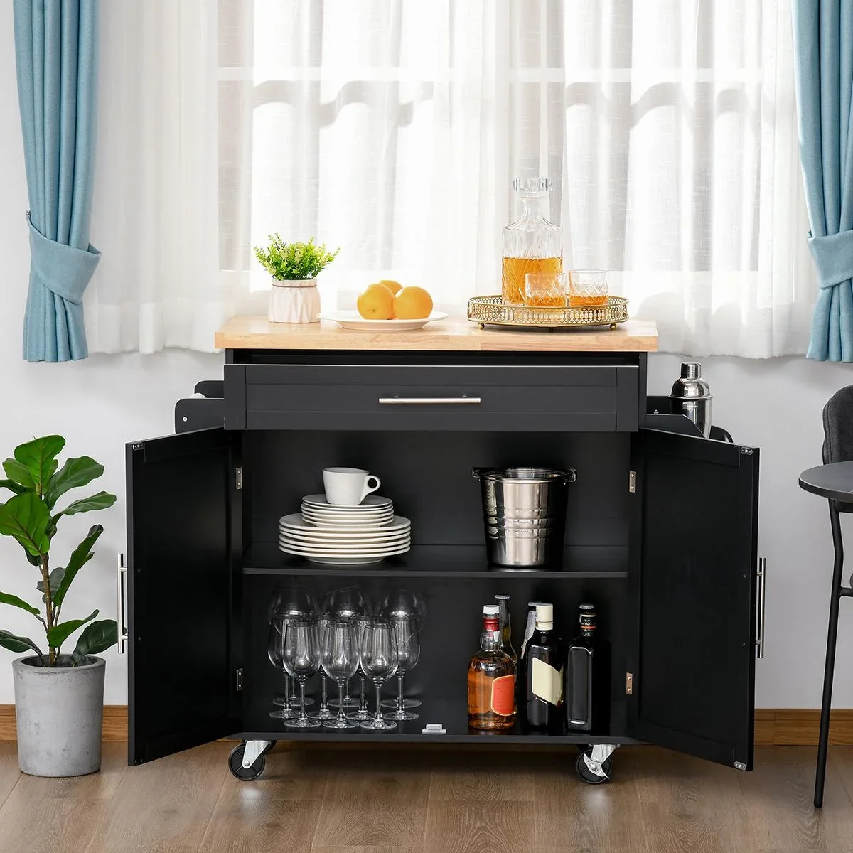 Küchenwagen rollbar Servierwagen Küchentrolley mit höhenverstellbaren Einlegeböden MDF Schwarz 109 x 40 x 89 cm - 3