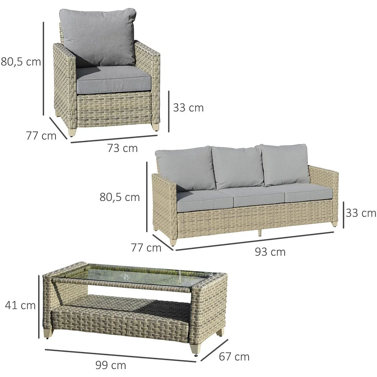 Polyrattan Gartenmöbel Set 4-teilig mit Couchtisch Sitzkissen Aluminium Braun+Grau - 0