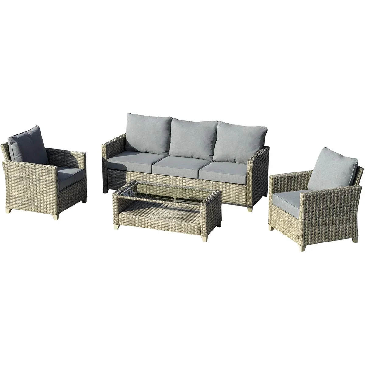 Polyrattan Gartenmöbel Set 4-teilig mit Couchtisch Sitzkissen Aluminium Braun+Grau - 1