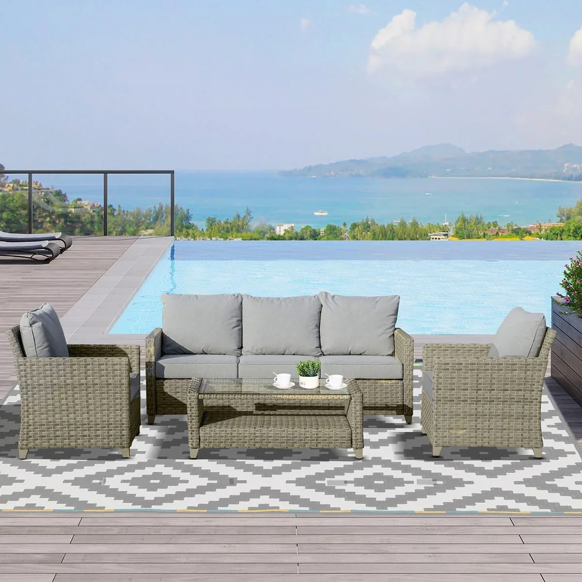 Polyrattan Gartenmöbel Set 4-teilig mit Couchtisch Sitzkissen Aluminium Braun+Grau - 2