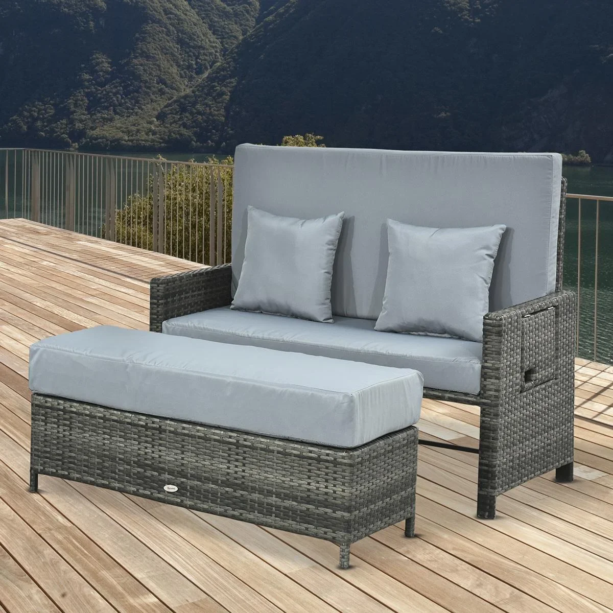 Polyrattan Lounge-Sofa Gartensofa Gartenliege 2-Sitzer mit Kissen Hocker Grau - 1