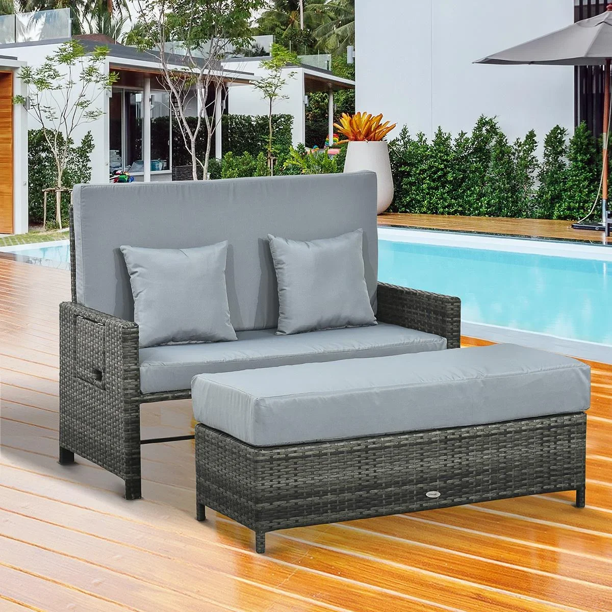 Polyrattan Lounge-Sofa Gartensofa Gartenliege 2-Sitzer mit Kissen Hocker Grau - 2
