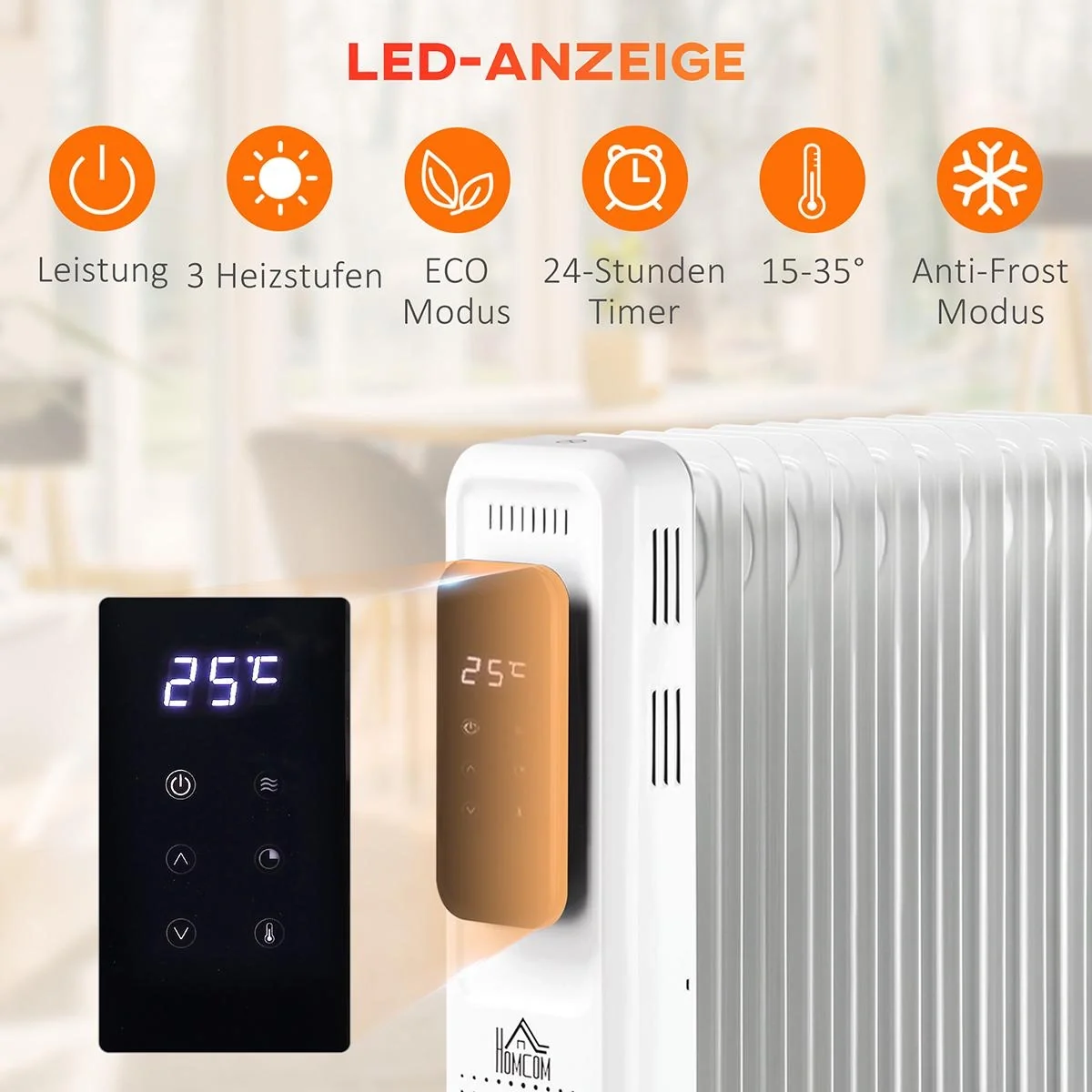 Ölradiator tragbar elektrisch Heizkörper 1830-2180W 3 Heizstufen 24-Stunden-Timing mit 4 Rollen Stahl 42,5 x 24 x 63 cm - 6