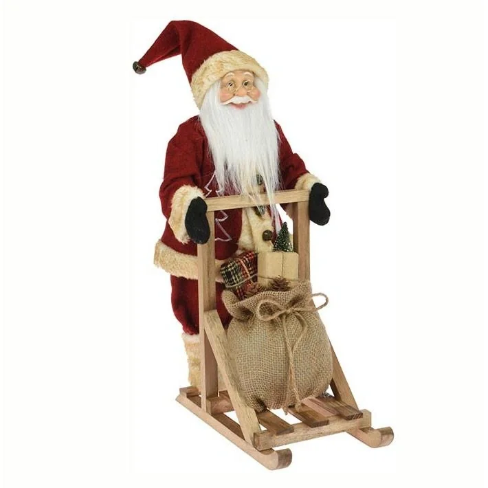 Weihnachtsmann stehend auf Holzschlitten - mit Jutesack - 45cm - Rot - 1