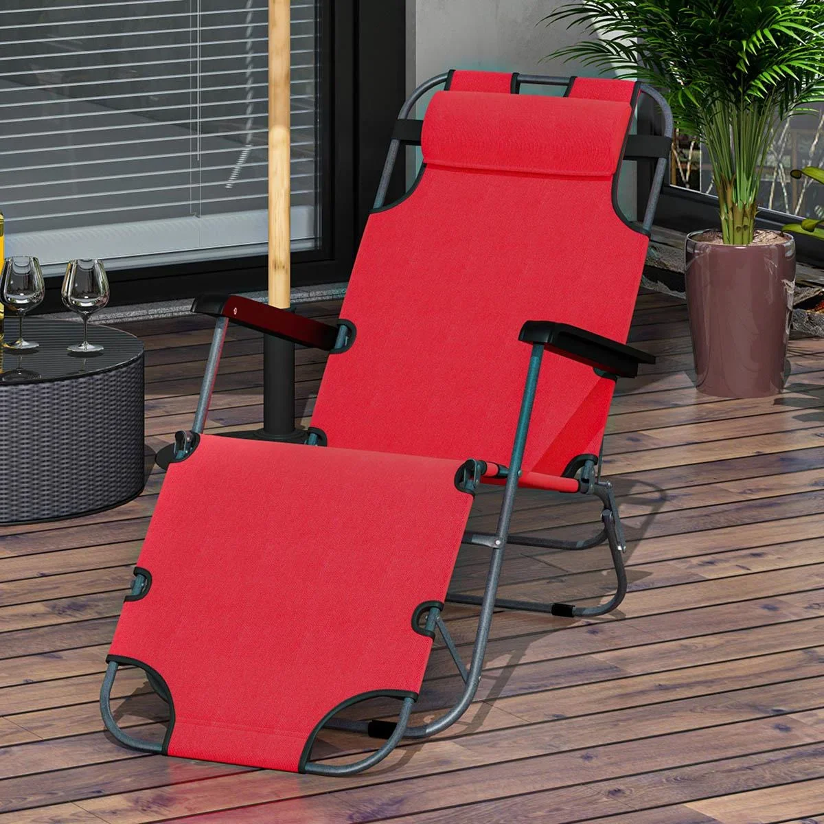 Sonnenliege mit Kissen, Klappbare Strandliege, 2-Stufige Gartenliege , 2-in-1 Relaxliege, Metall + Oxfordstoff, Rot 135 - 4