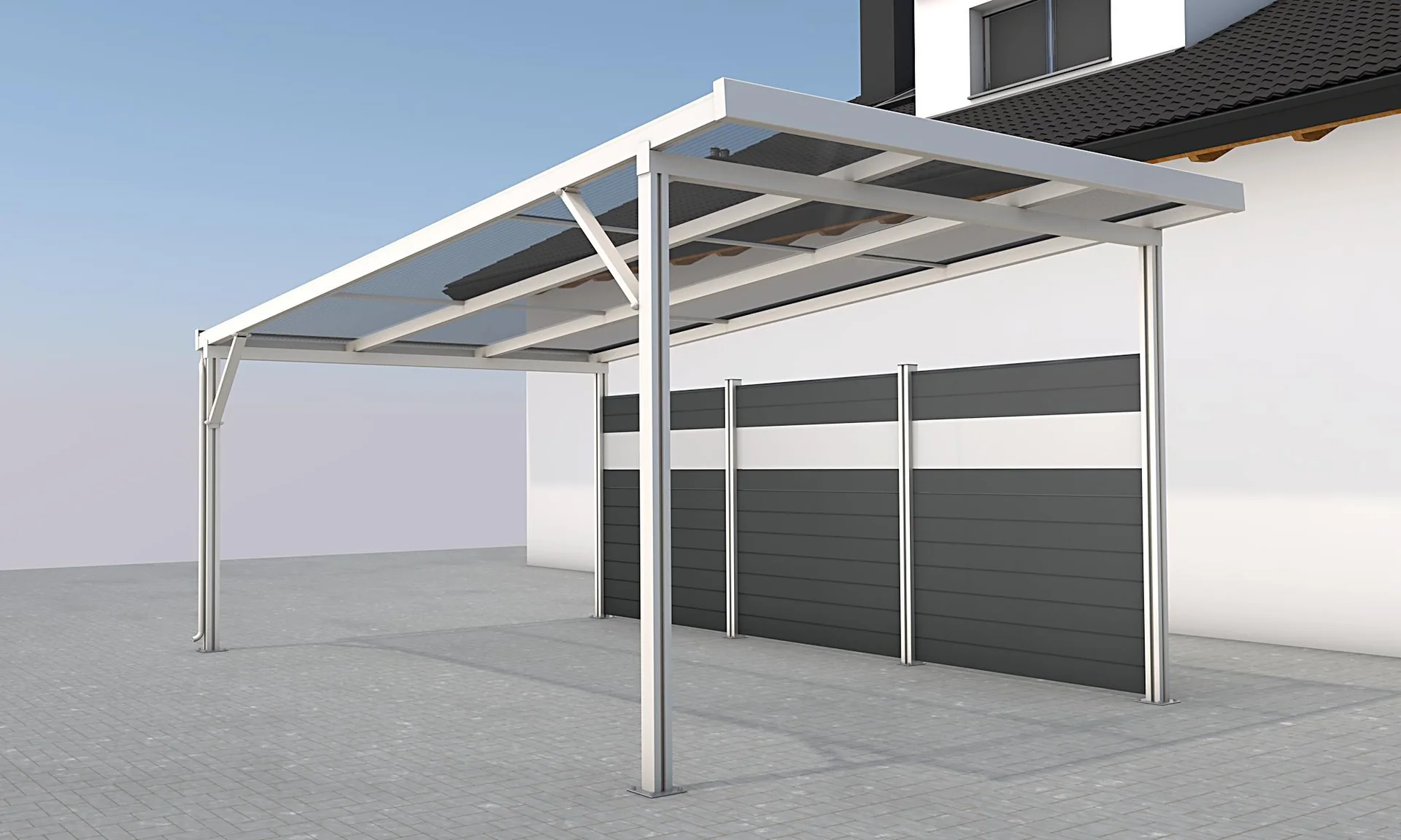 Seitenwand für Carports, weiß, 5,82 x 1,86 m, WPC Dielen dunkelgrau / PC Paneele klar - 3