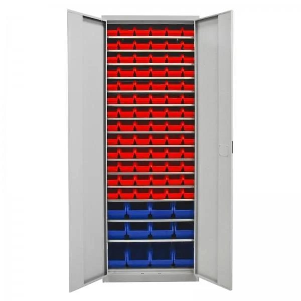 Regalschrank mit Tür, 15 Fachböden, 90 Lagersichtkästen Gr.3 / Gr. 2L - 1