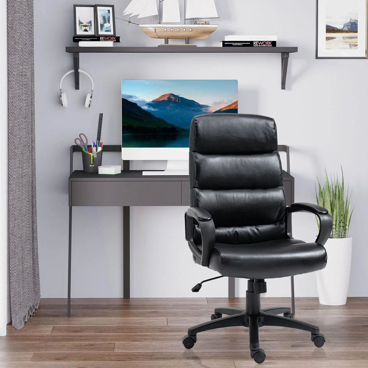 Bürostuhl Drehstuhl mit Rückenlehne Bürosessel Höhenverstellbar PU-kunststoff Schaumstoff Nylon Schwarz 66 x 66 x 107-11 - 4