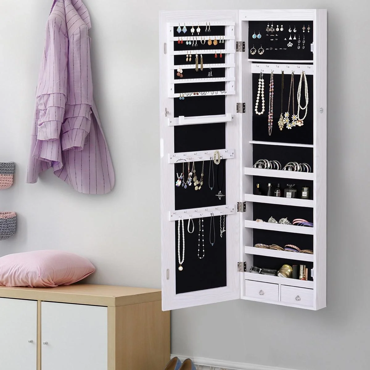 LED Schmuckschrank mit Spiegel hellgrau - 8