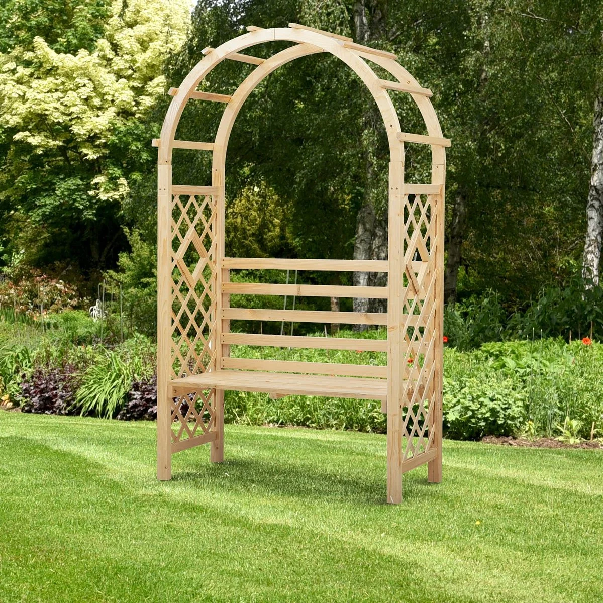 Rosenbogen mit Bank Gartenpergola Sitzbank Rosenbank Laubenbank Philosophenbank Rankgitter Rankhilfe Gartenbank Massivho - 3