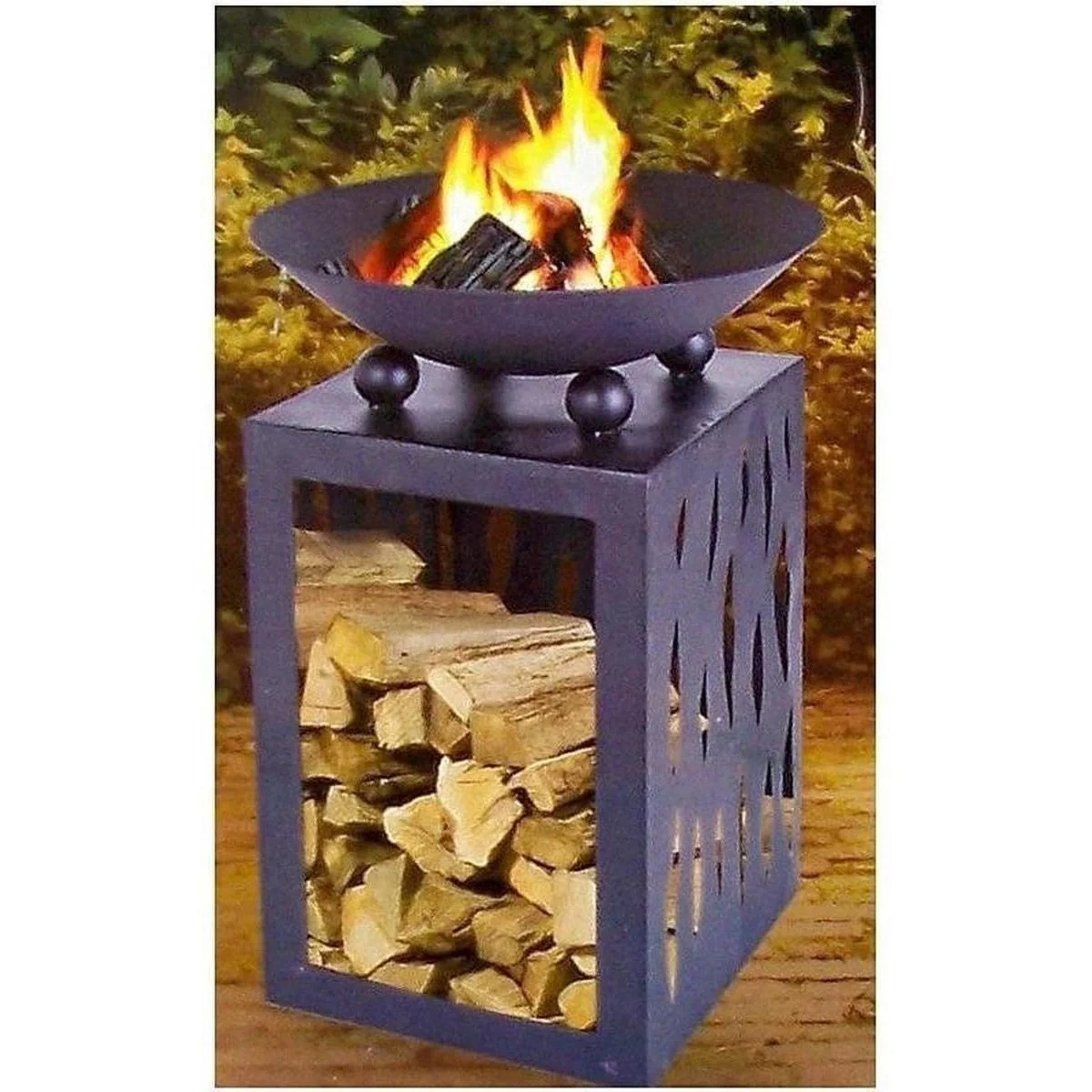 Pro Garden Feuerschale - mit Lagerfach für Brennholz - Metall - 45 cm - Schwarz - 2