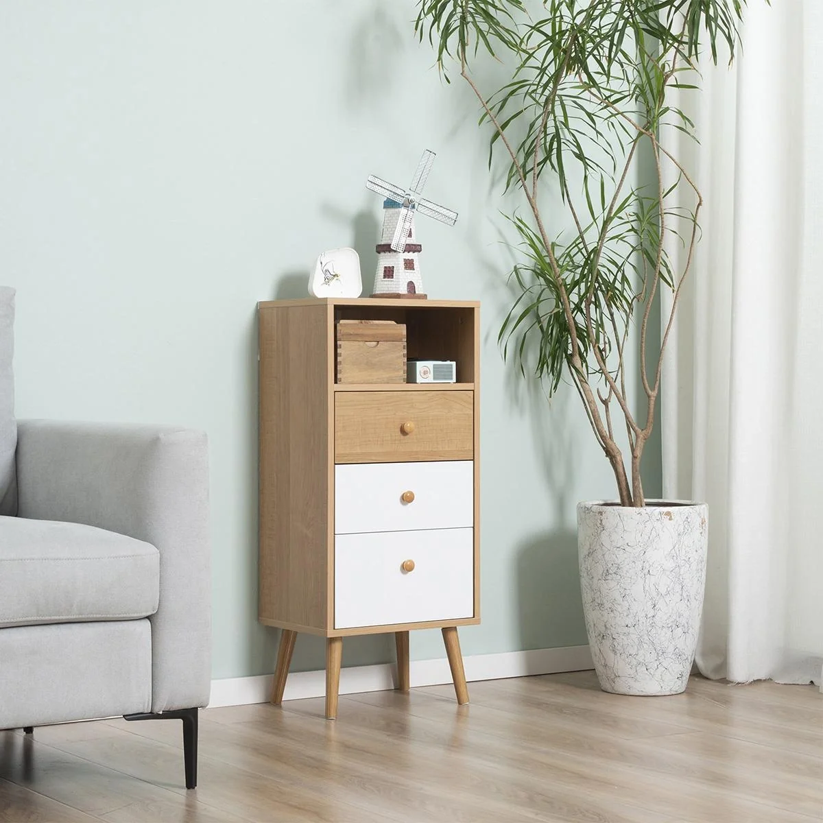 Sideboard Küchenschrank Kommode mit 1 offenen Fächern 3 Schubladen Skandi-Design Natur+Weiß 40 x 29 x 90 cm - 5
