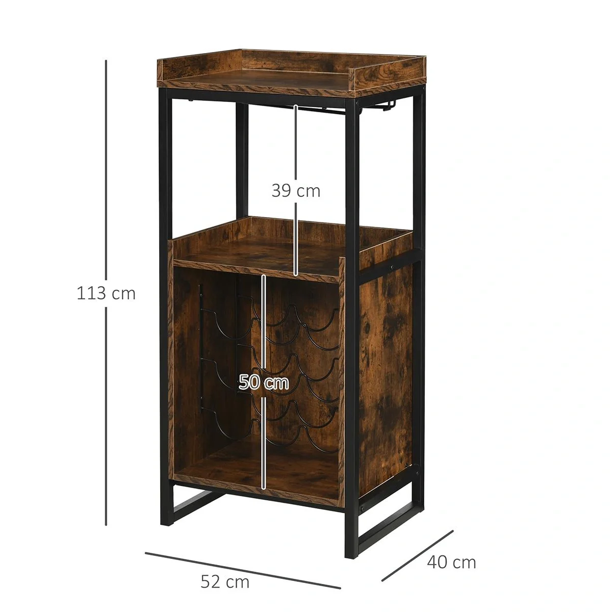 Weinregal 9 Flaschen-Weinschrank Flaschenregal mit 2 offenen Regalen und Glashalter Schwarz+Braun 52 x 40 x 113 cm - 5