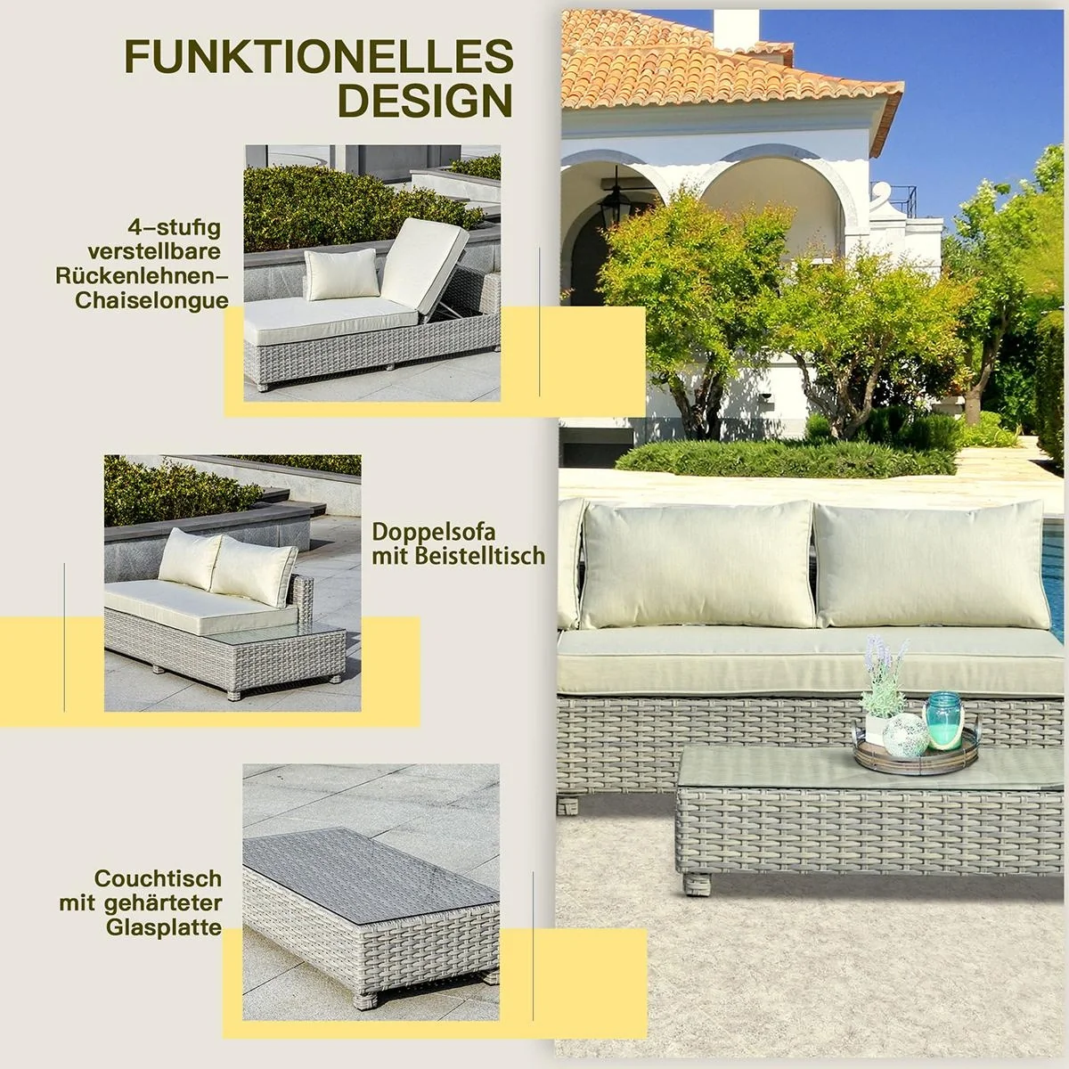 Schaukelstuhl gepolstert mit Knopfheftung PE Rattan Stahl Braun + Grau - 6