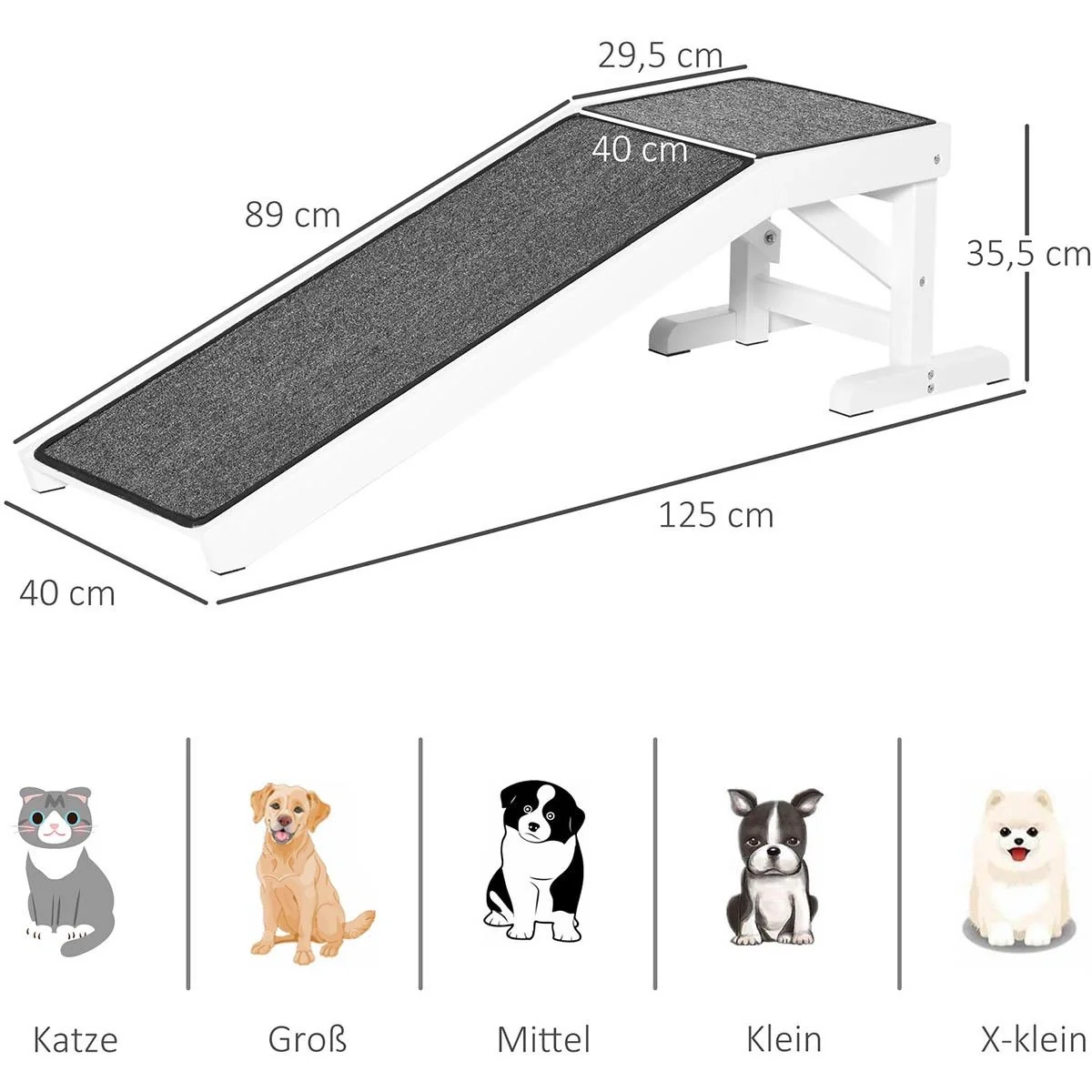 Haustierrampe mit rutschfestem Teppich Haustierleiter Hunderampe für Hund bis 30 kg Kiefernholz Polyester Weiß+Grau 125 - 5