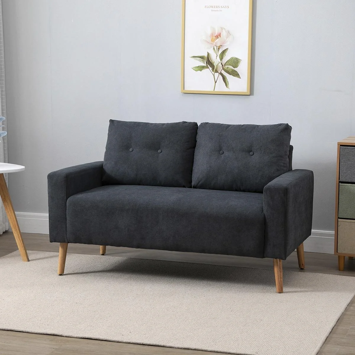 Sofa, 2-Sitzer, skandinavisches Design, hoher Komfort Relaxsessel mit Armlehne, Gummiholzbeine, Dunkelgrau, 145x76x88 cm - 4