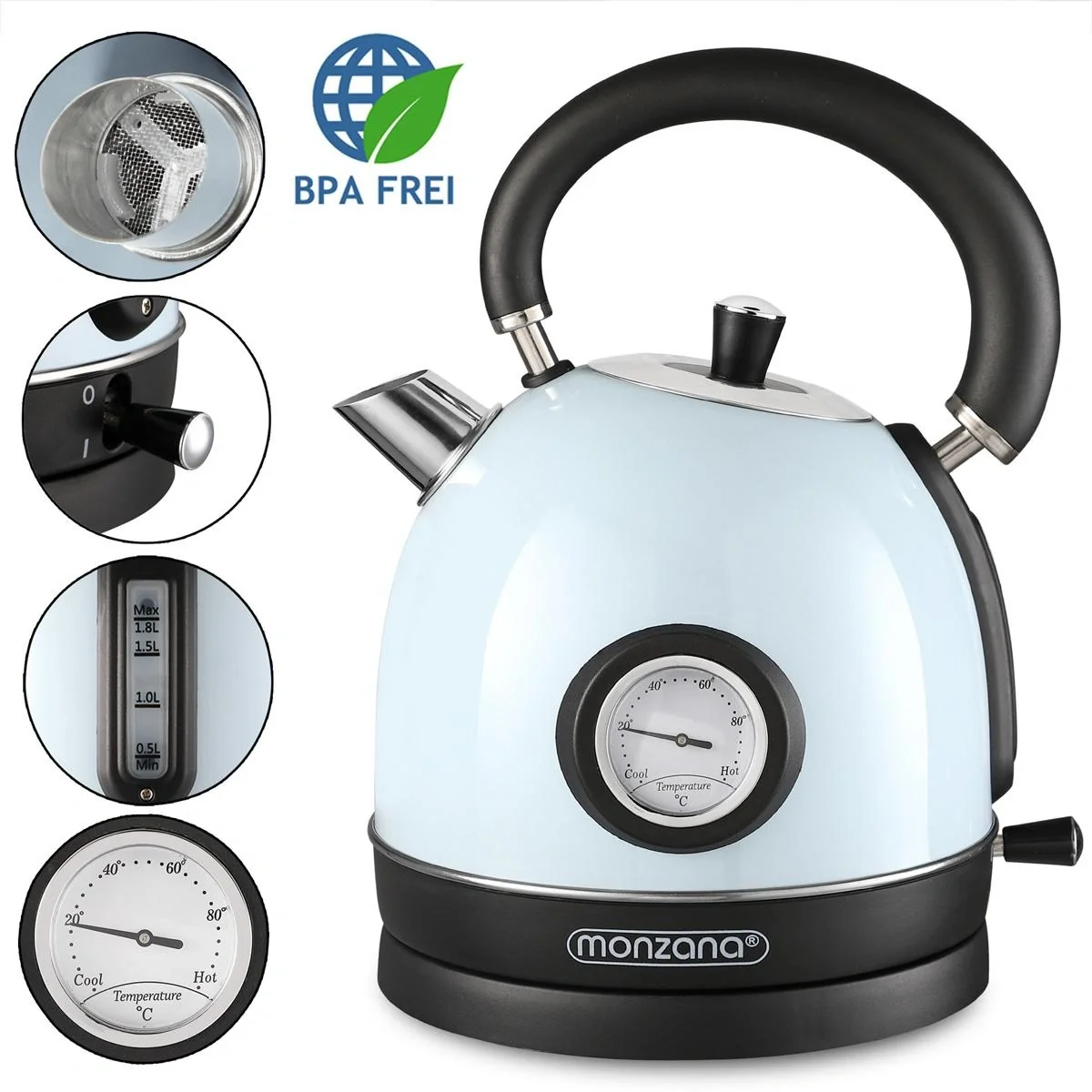Wasserkocher Edelstahl im Retro-Design blau 1,8L - 2200W - 2