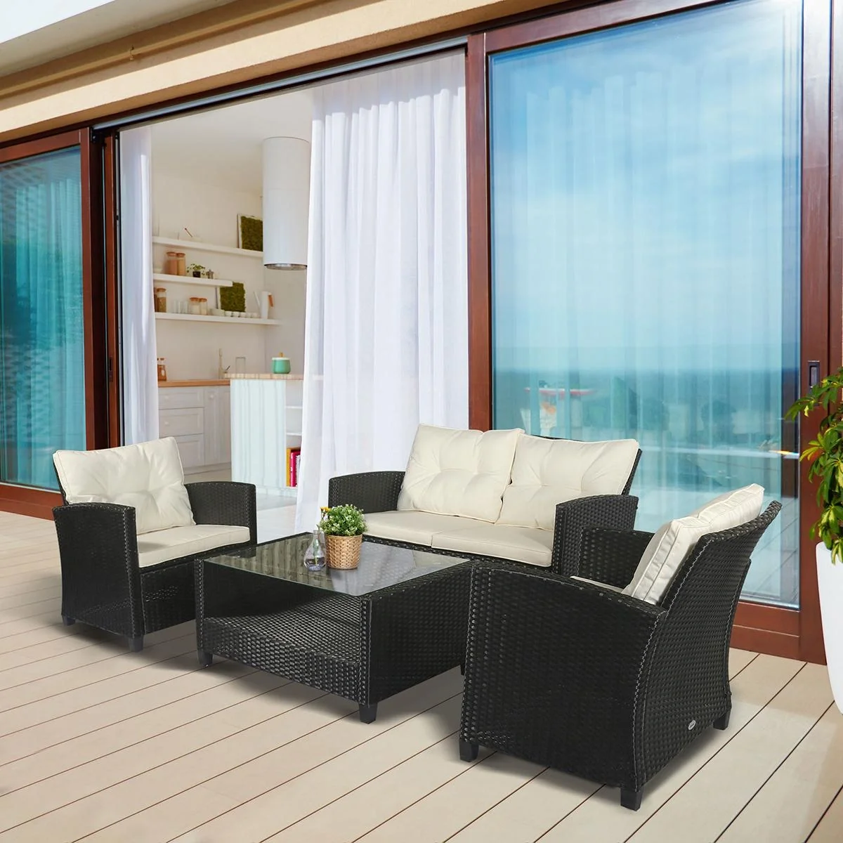 Polyrattan Sitzgarnitur 4 tlg. Sitzgruppe Gartenset Sofagarnitur Gartenmöbel Set Lounge Metall Luxus Schwarz - 4
