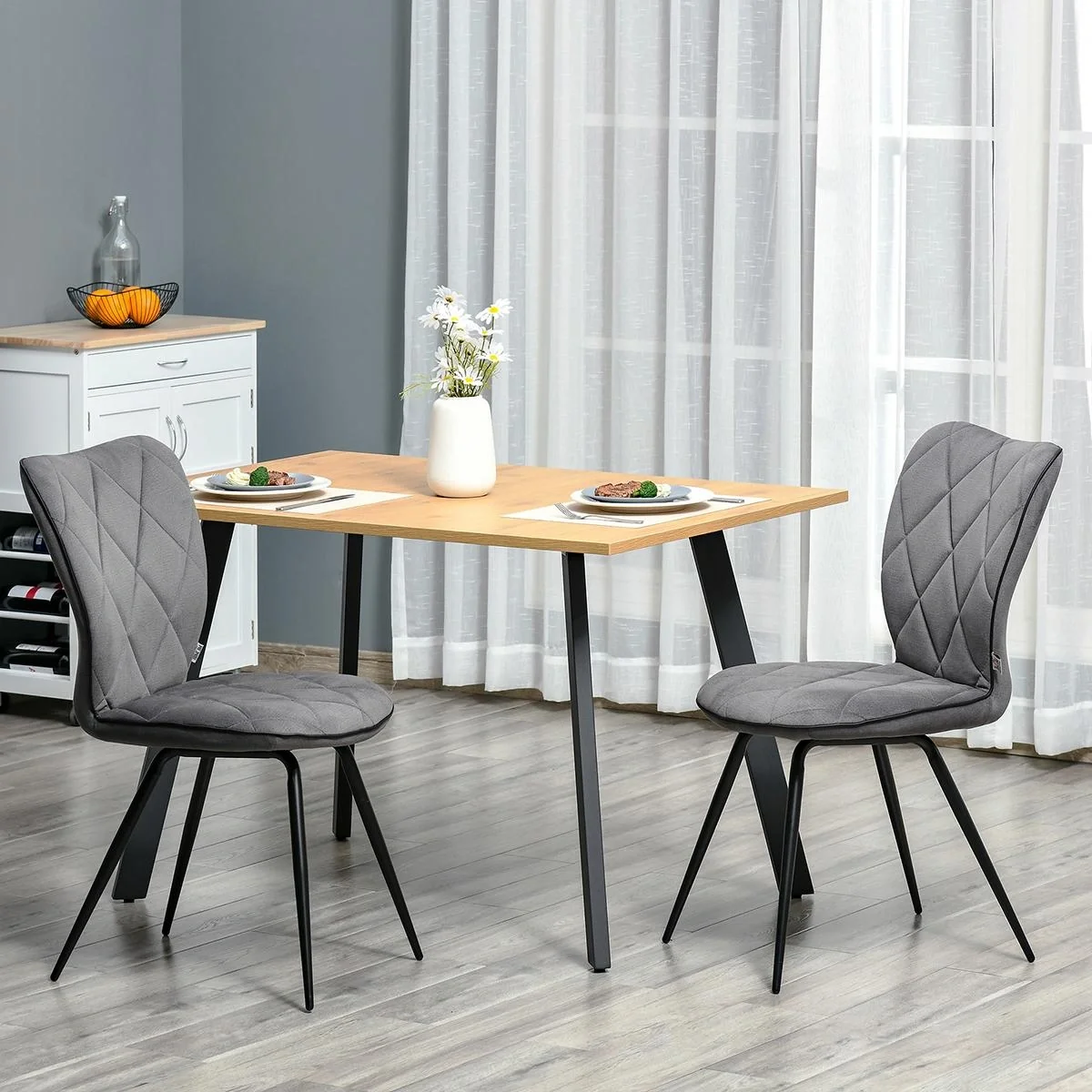 2er-Set Esszimmerstühle Küchenstuhl Polsterstuhl mit Rückenlehne Flanell Schaumstoff Stahl Grau+Schwarz 47 x 62 x 91 cm - 4