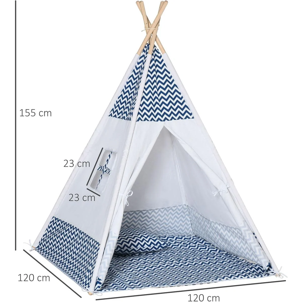 Tipi-Zelt für Kinder - inkl. Bodenmatte und Kissen - Blau/Weiß - 120 x 120 x 155 cm - 5