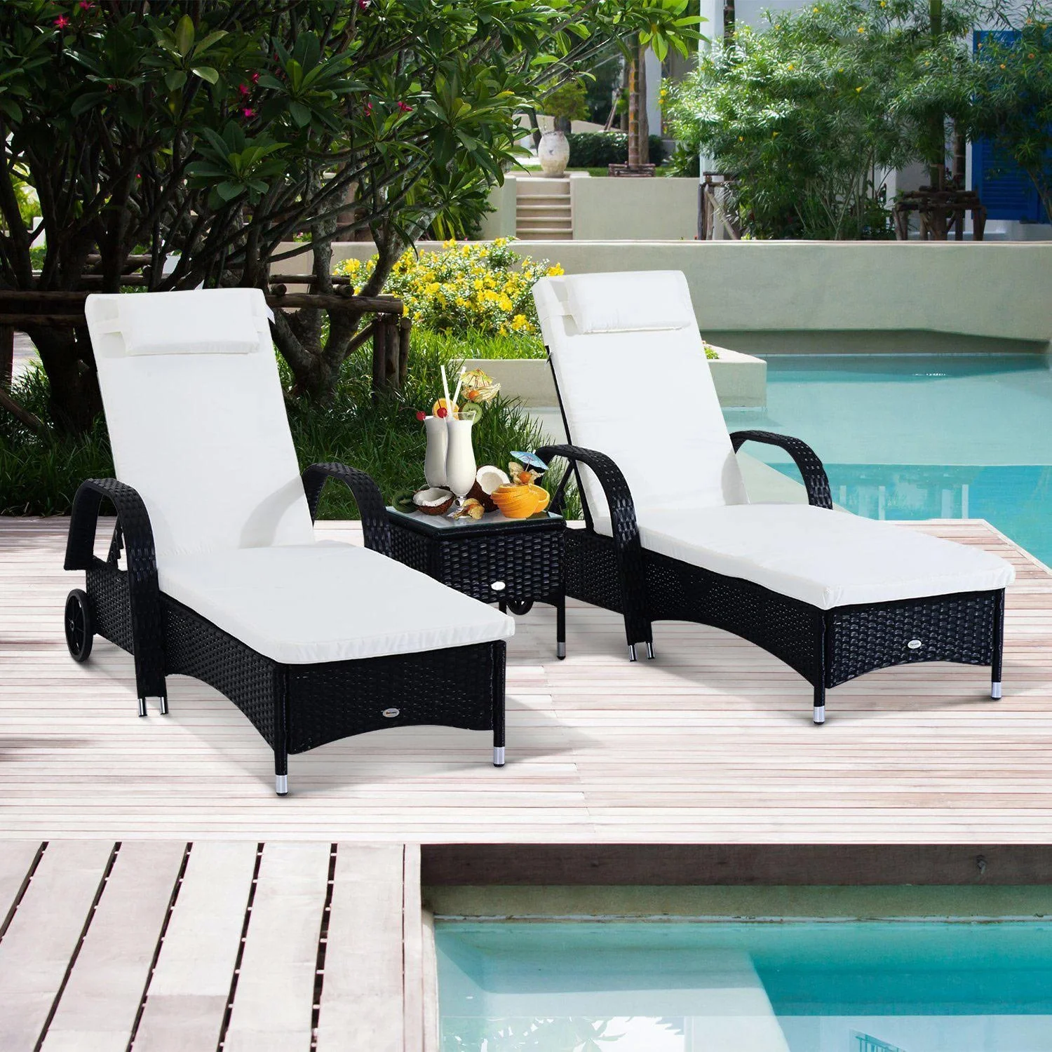 Sonnenliege Tisch 3er Set Gartenmöbel Polyrattan Schwarz - 8