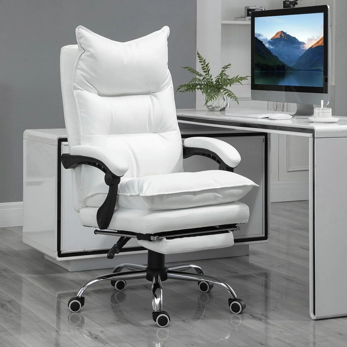 Bürostuhl mit Fußstütze höhenverstellbarer Schreibtischstuhl Drehstuhl Rückenlehne Kunstleder Weiß 66 x 72 x 122-130 cm - 3