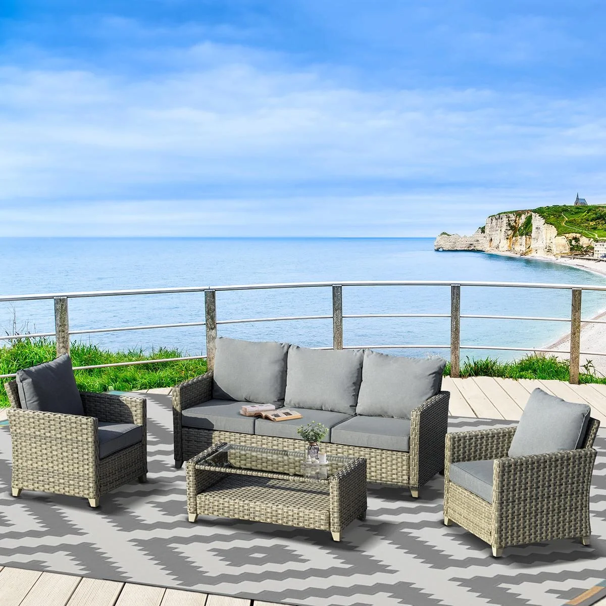 Polyrattan Gartenmöbel Set 4-teilig mit Couchtisch Sitzkissen Aluminium Braun+Grau - 5