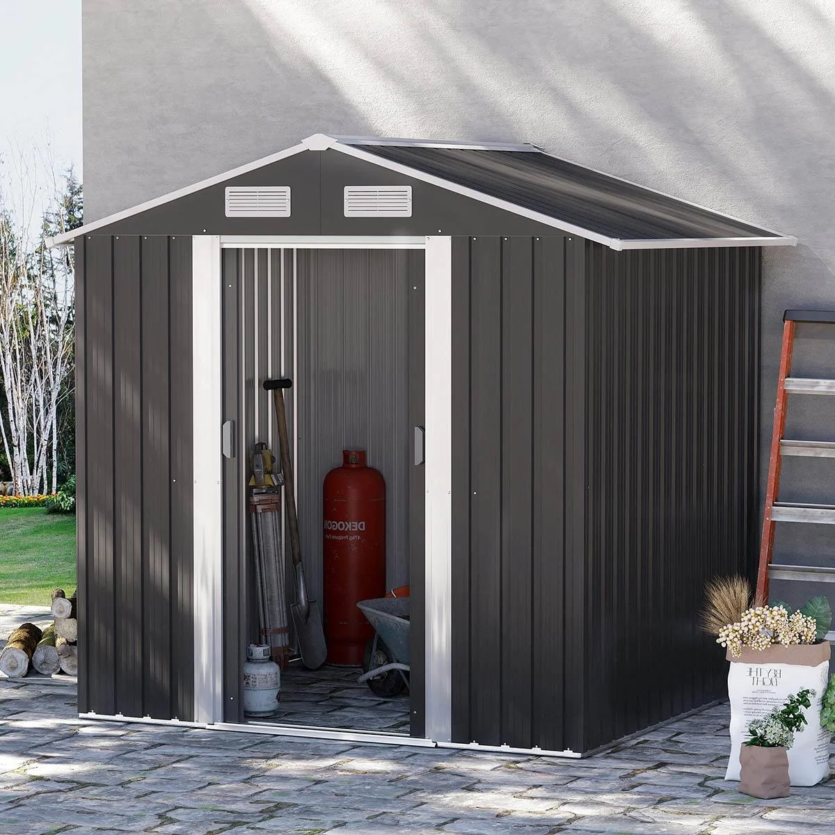 Gerätehaus mit 2 Schiebetüren Metall Gartenhaus 2,6 m² Geräteschuppen verzinkter Stahl Dunkelgrau 195,5 x 153 x 188 cm - 5