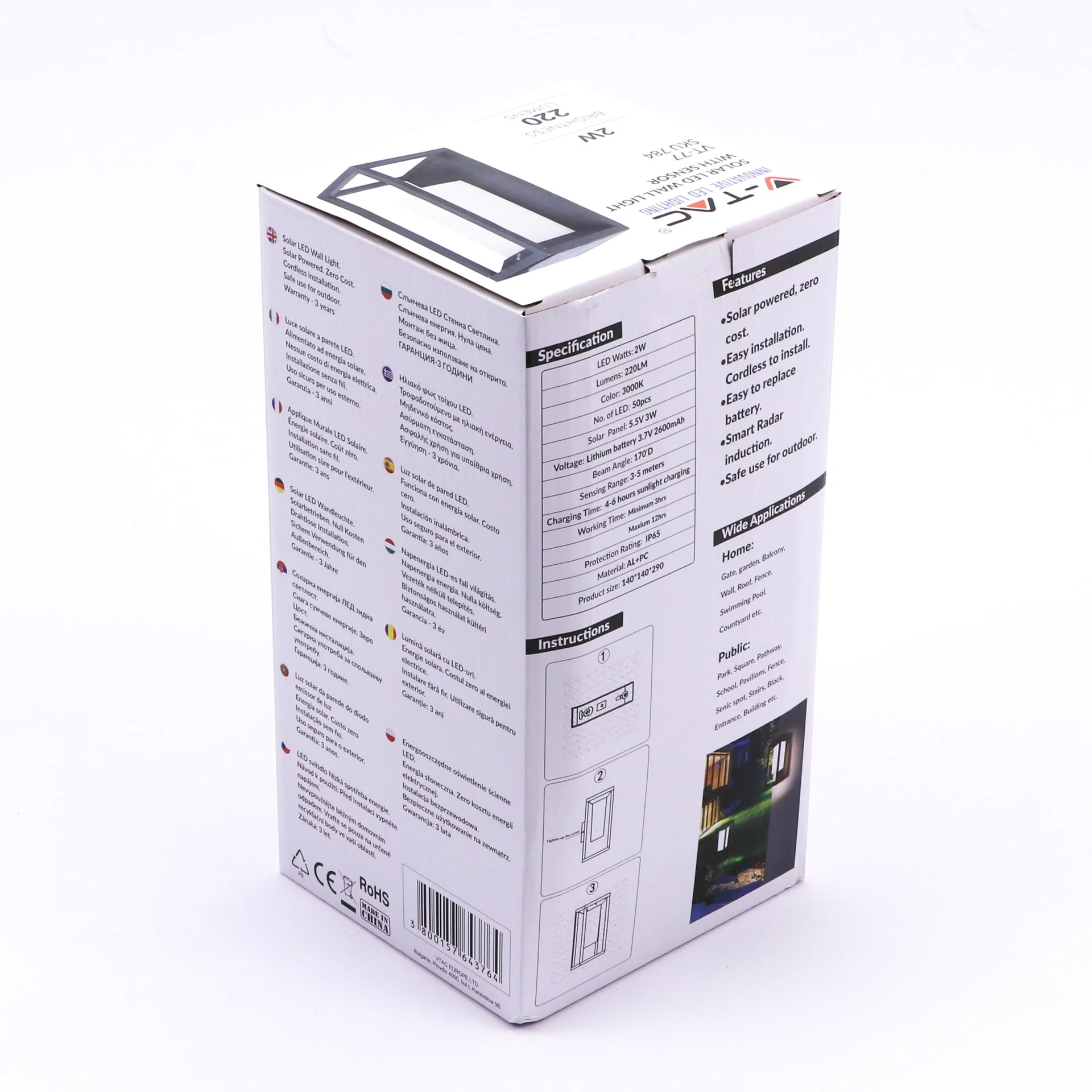 VT-77 Led-Solar-Wandleuchte - Anthrazit - 3000K - 4