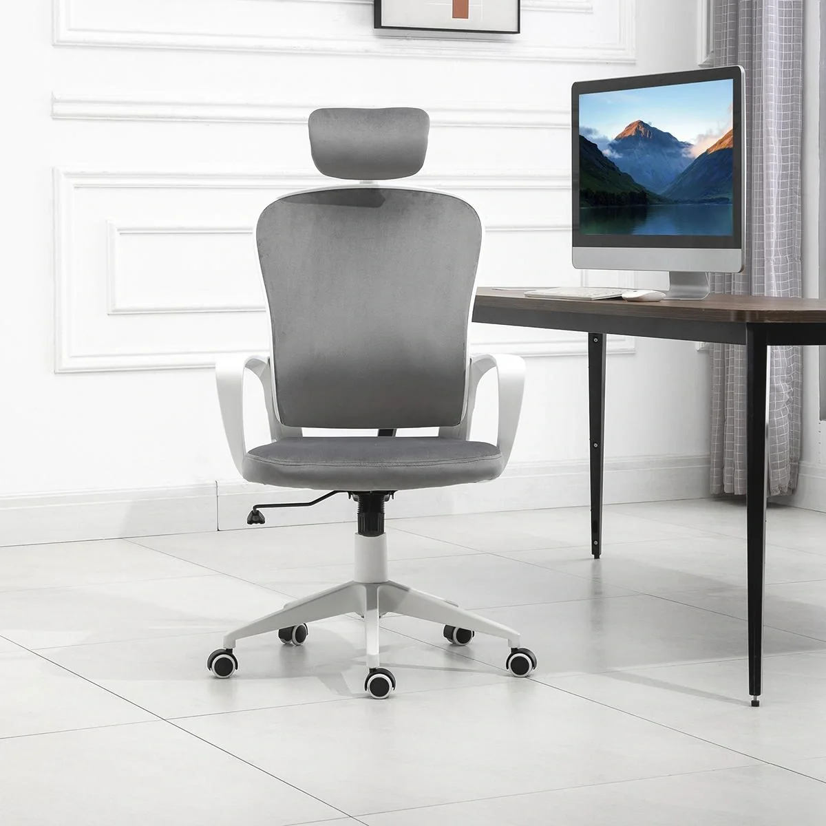 Bürostuhl mit Wippfunktion ergonomischer Drehstuhl höhenverstellbar mit Armlehne Kopfstütze samtartiges Polyester Türki - 3