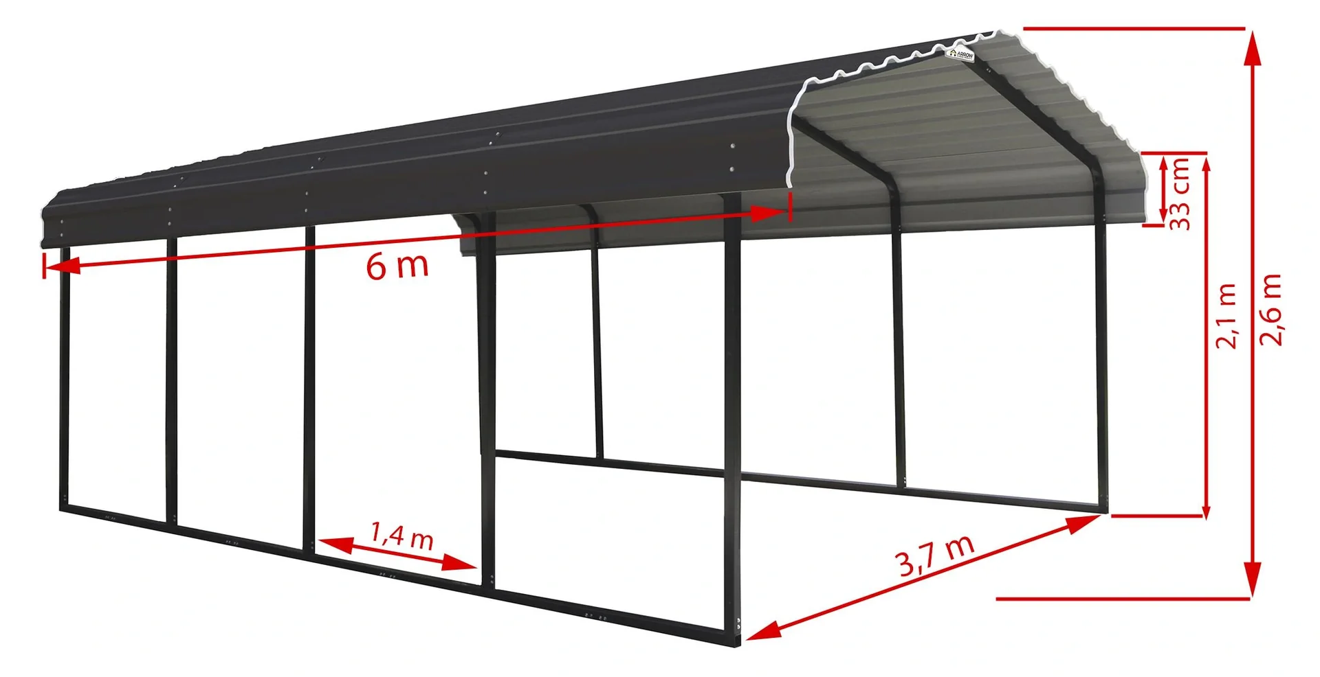 Stahlcarport und Autogarage Rom grau/schwarz, 600x370x260 cm - 4