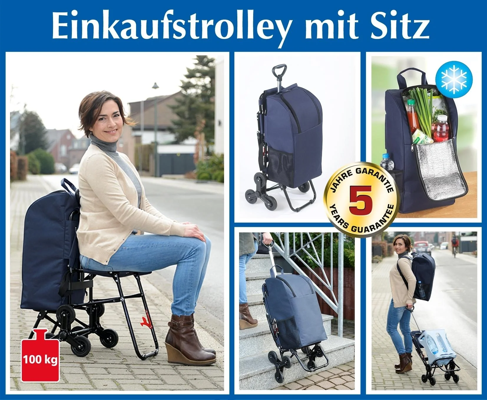 Treppensteiger-Einkaufstrolley mit Sitz, Blau - 2