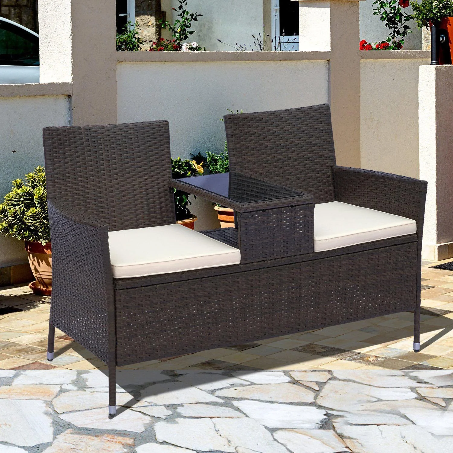 Polyrattan Gartenbank Gartensofa mit Tisch 2-Sitzer Stahl - 1