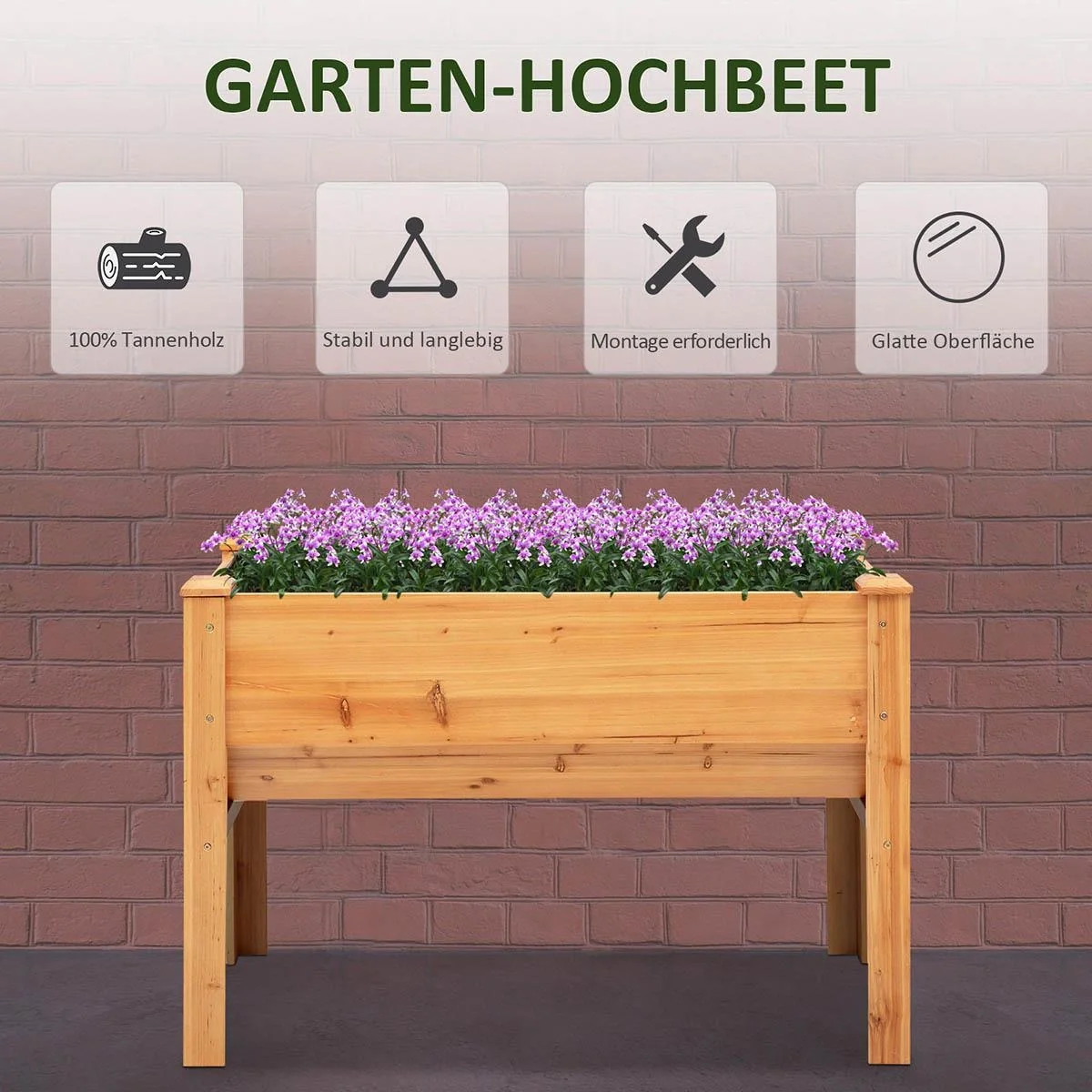 Hochbeet aus Holz Kräuterbeet Pflanzkasten mit Abflussloch Haken Blumenkasten mit Füßen Massivholz Natur 124 x 60 x 81 c - 5