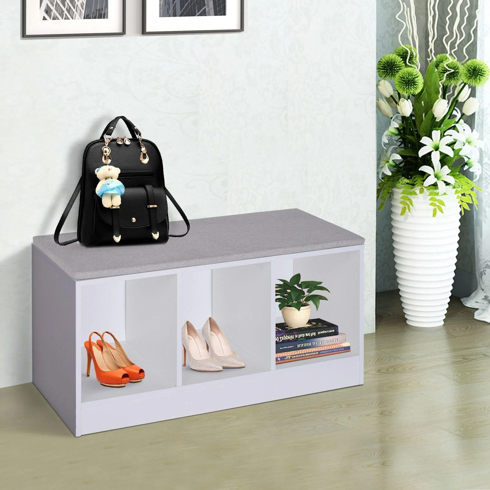Schuhbank mit Sitzkissen Schuhschrank Schuhregal Lowboard Garderobe Flur Diele Holz Weiß 89,6 x 35,6 x 47 cm - 5