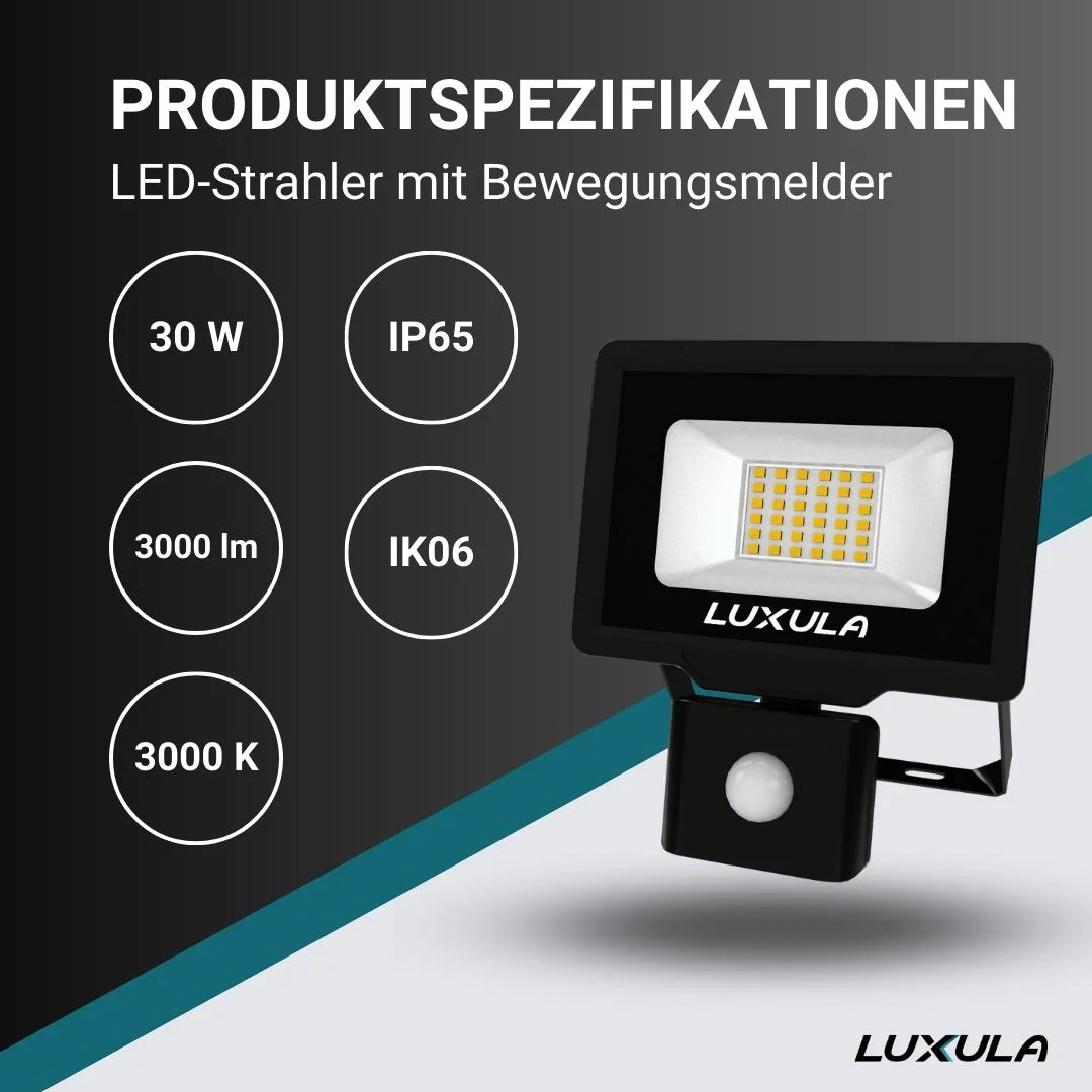 LED-Fluter in schwarz mit Bewegungsmelder bietet 30 W, 3000 K (warmweiß), 3000 lm & IP65 Schutz - 3