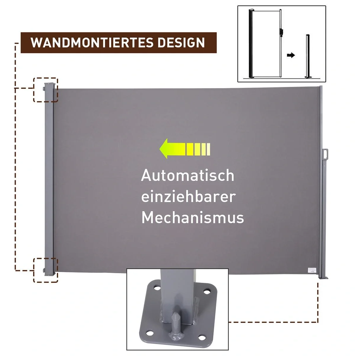 Seitenmarkise, Sicht- und Sonnenschutz, Seitenrollo, Polyester, Grau, 3 x 2m - 1