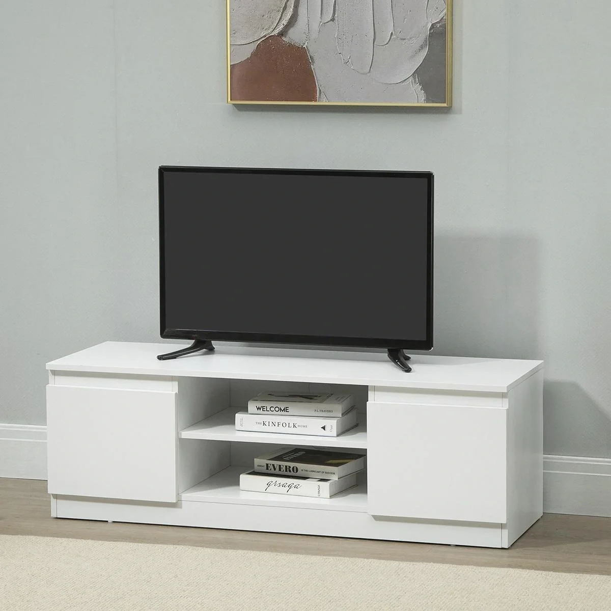 Moderner TV-Schrank mit 2 Fachböden & 2 Schränken, weiß, 120 x 39,5 x 40 cm - 5