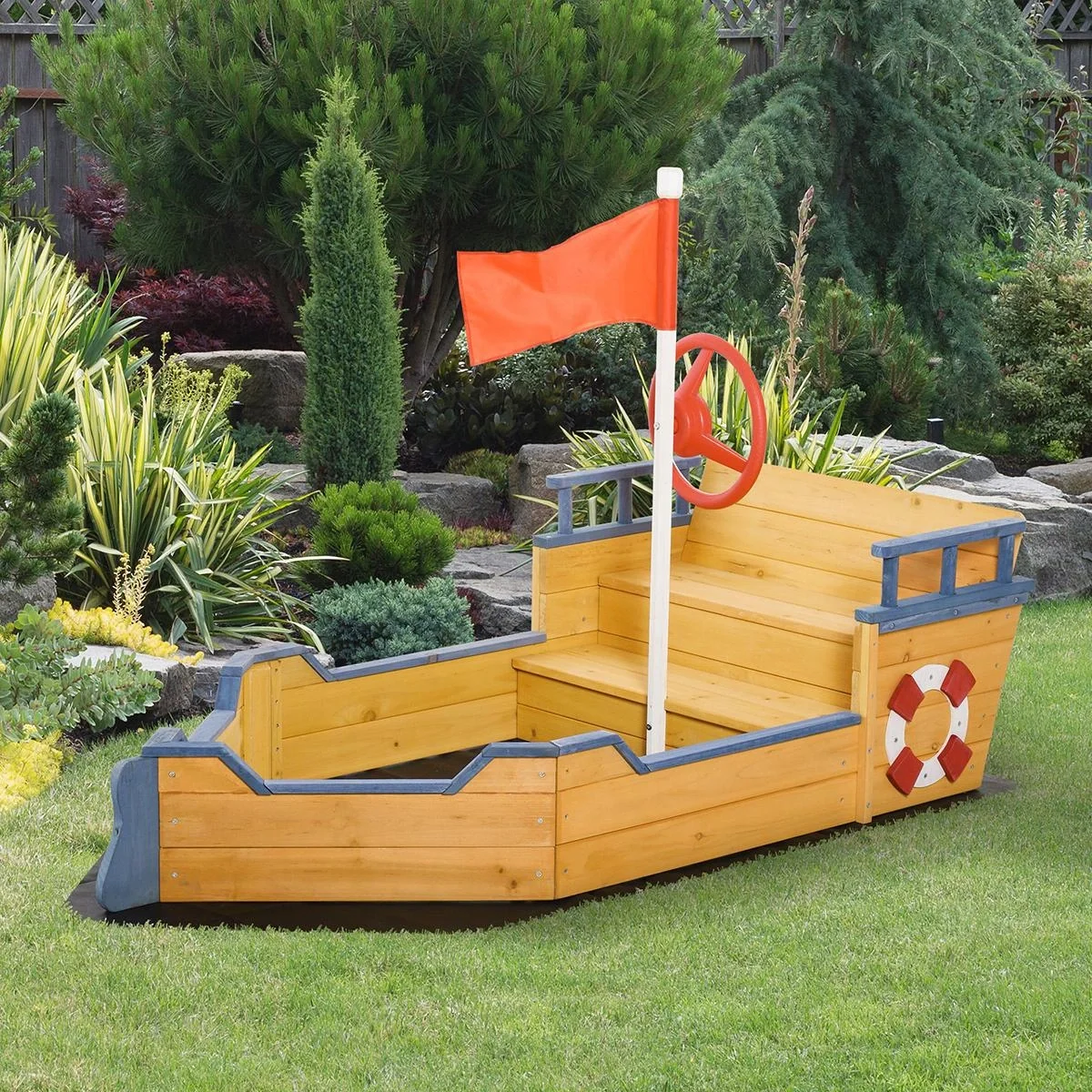 Holzspielboot für Kinder mit Sandkasten naur, blau - 8