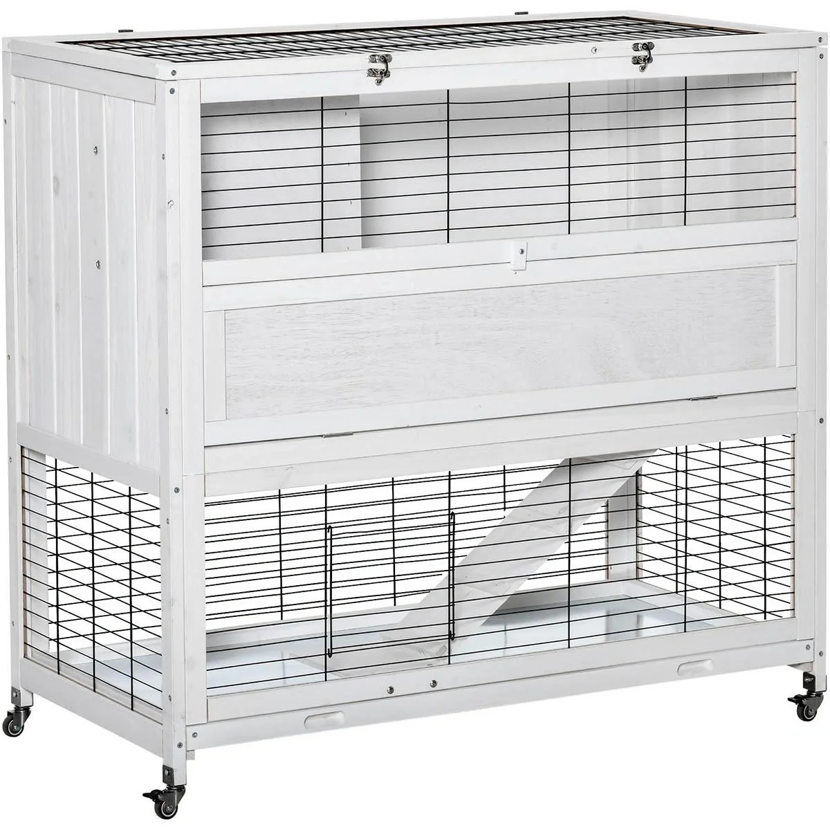 Kaninchenstall mit Rollen Kaninchenhaus mit Freilauf Rampe Nagetierkäfig Kleintierstall doppelstöckig für 1-2 Kaninchen - 5