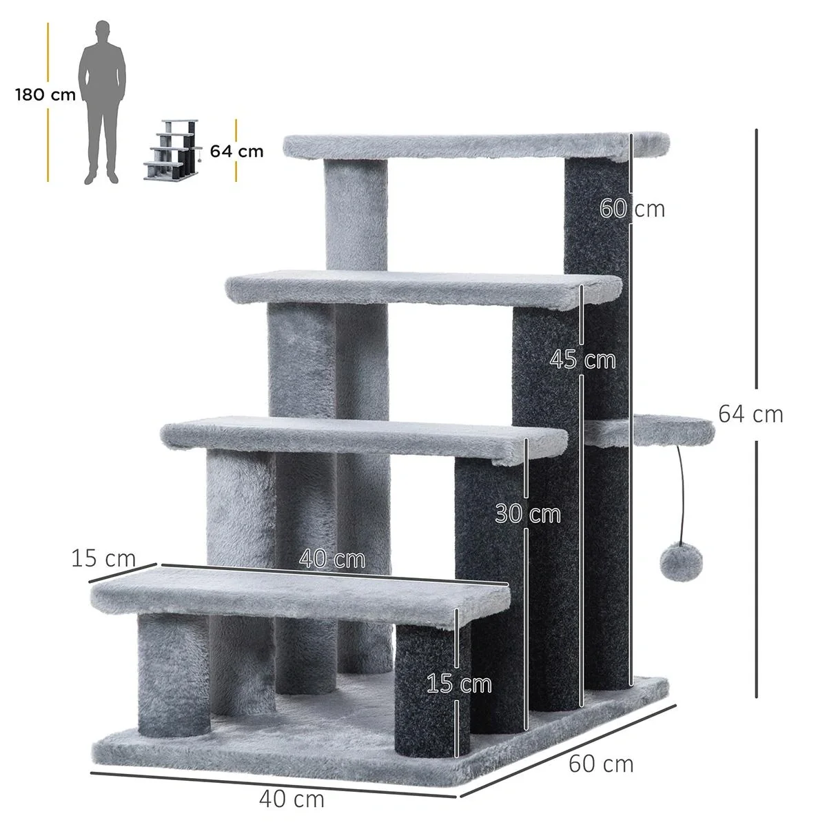 Haustiertreppe mit Kratzbaum Ball 4-stufige Katzentreppe Hundetreppe Tiertreppe Spanplatte Plüsch Jute Grau 60 x 40 x 64 - 6