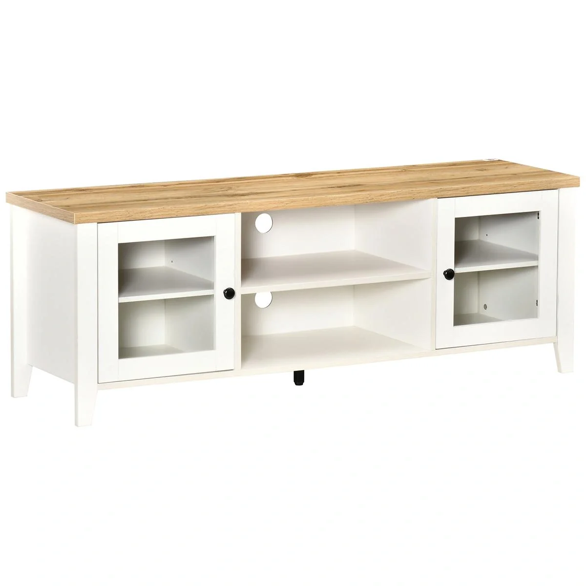 TV-Lowboard Fernsehtisch Fernsehschrank für Fernseher bis zu 60 Zoll mit 2 Glas Türen Regal verstellbar Weiß+Eiche 140 x - 5