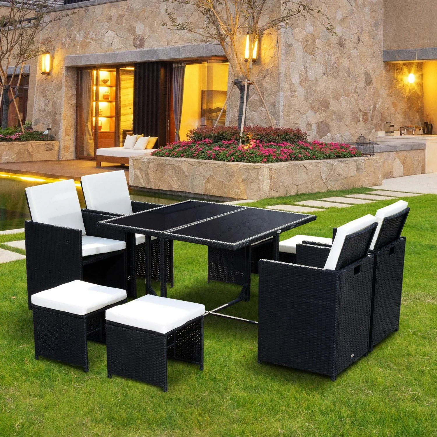 Polyrattan Essgruppe 21 tlg, Rattan Sitzgruppe 4 Stühle 4 Hocker inkl, Kissen - 7