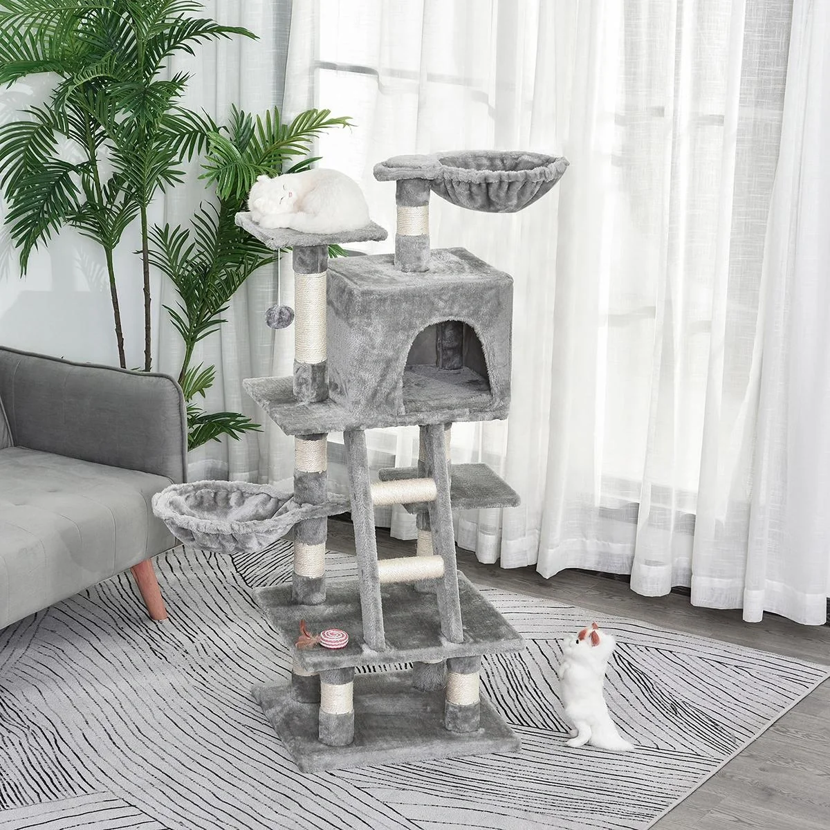 Kratzbaum mit Katzenhöhle Hängematte Mehrstufiger Katzenbaum Kletterbaum für Katzen E1 Spanplatte Sisal Grau 80 x 55 x 1 - 4