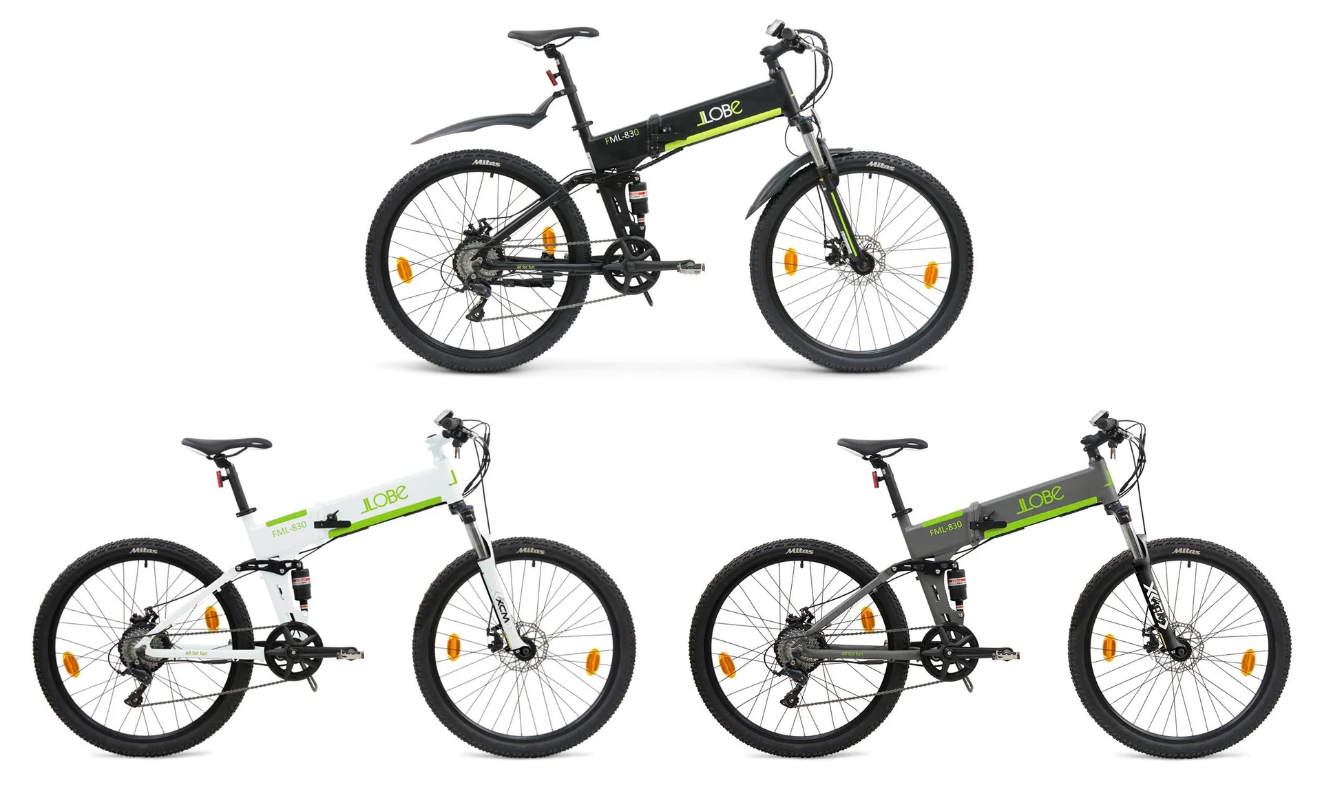 Unisex E-Mountain-Bike, 27,5 Zoll, Rahmenhöhe 48 cm, 9‐Gang Kettenschaltung, weiß, faltbar - FML830, 10,4 Ah - 2
