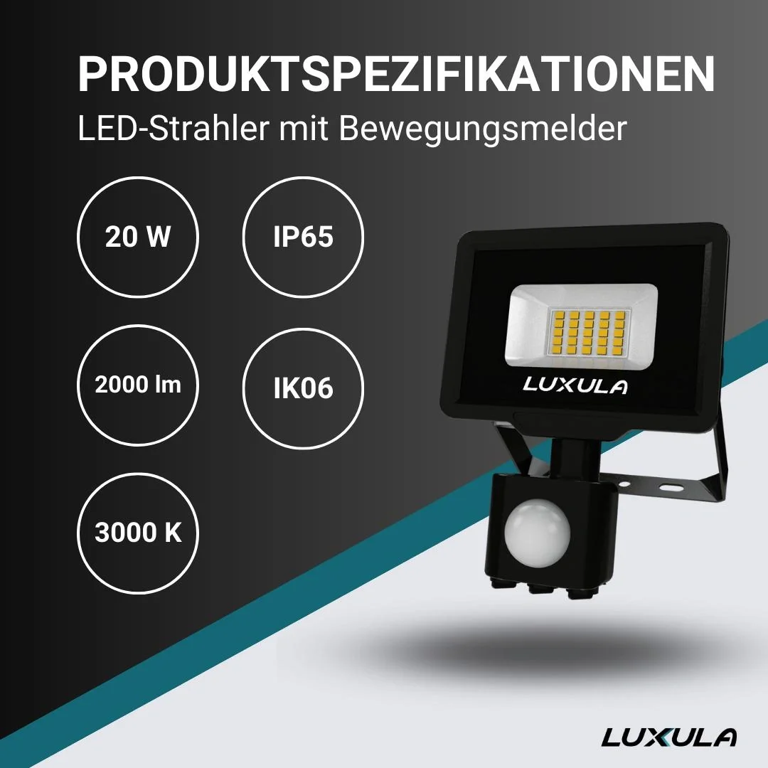 LED-Fluter in schwarz mit Bewegungsmelder bietet 20 W, 3000 K (warmweiß), 2000 lm & IP65 Schutz - 3