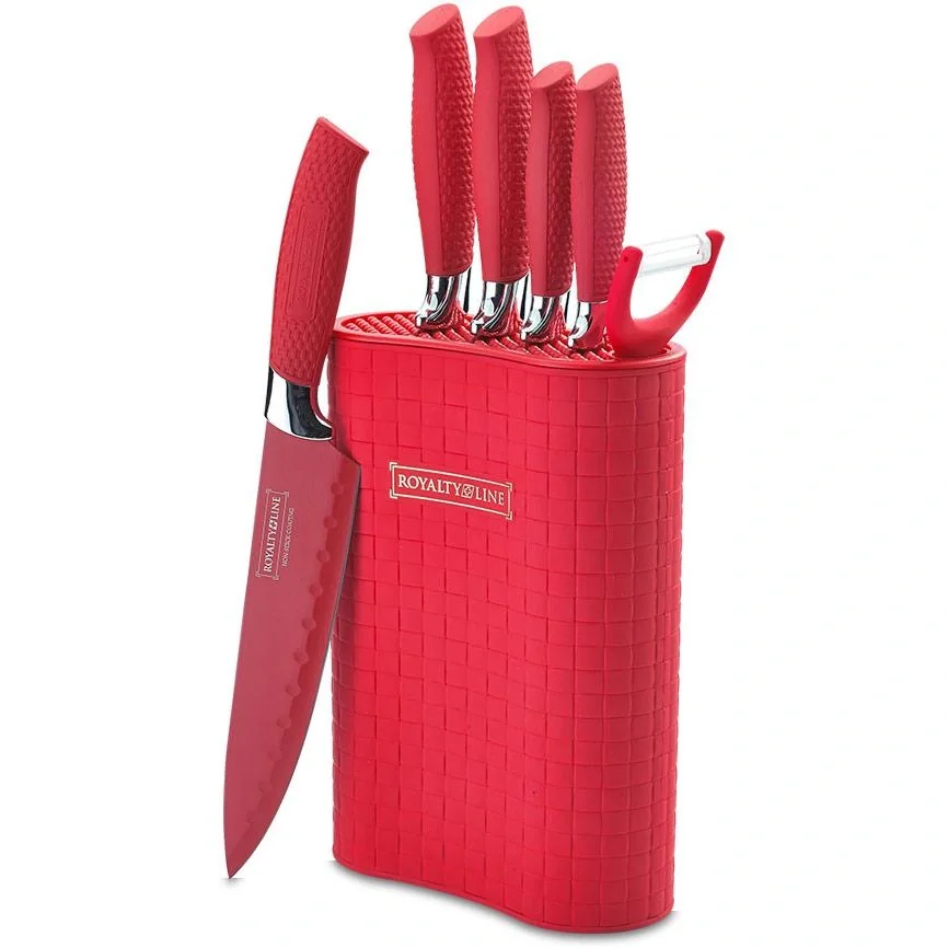 6-teiliges Messerset mit Messerblock - rostfreier Stahl - rot - 3