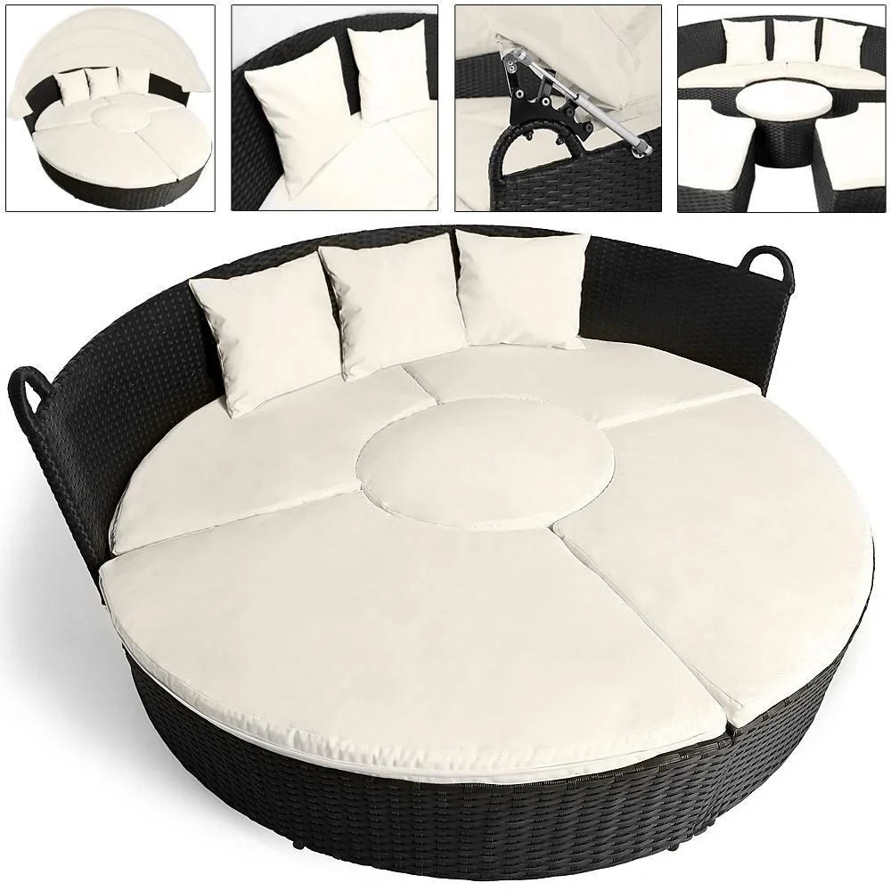 Polyrattan-Sonnenliege schwarz-creme Ø185cm mit Sonnendach - 3