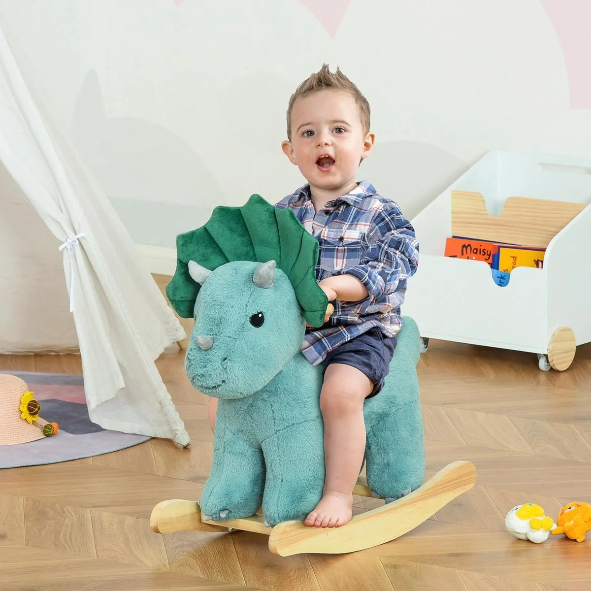 Schaukelpferd Plüsch Schaukeltier Babyschaukel mit Triceratops-Design Spielzeug für 36-72 Monaten Kinder Dunkelgrün 64 x - 3