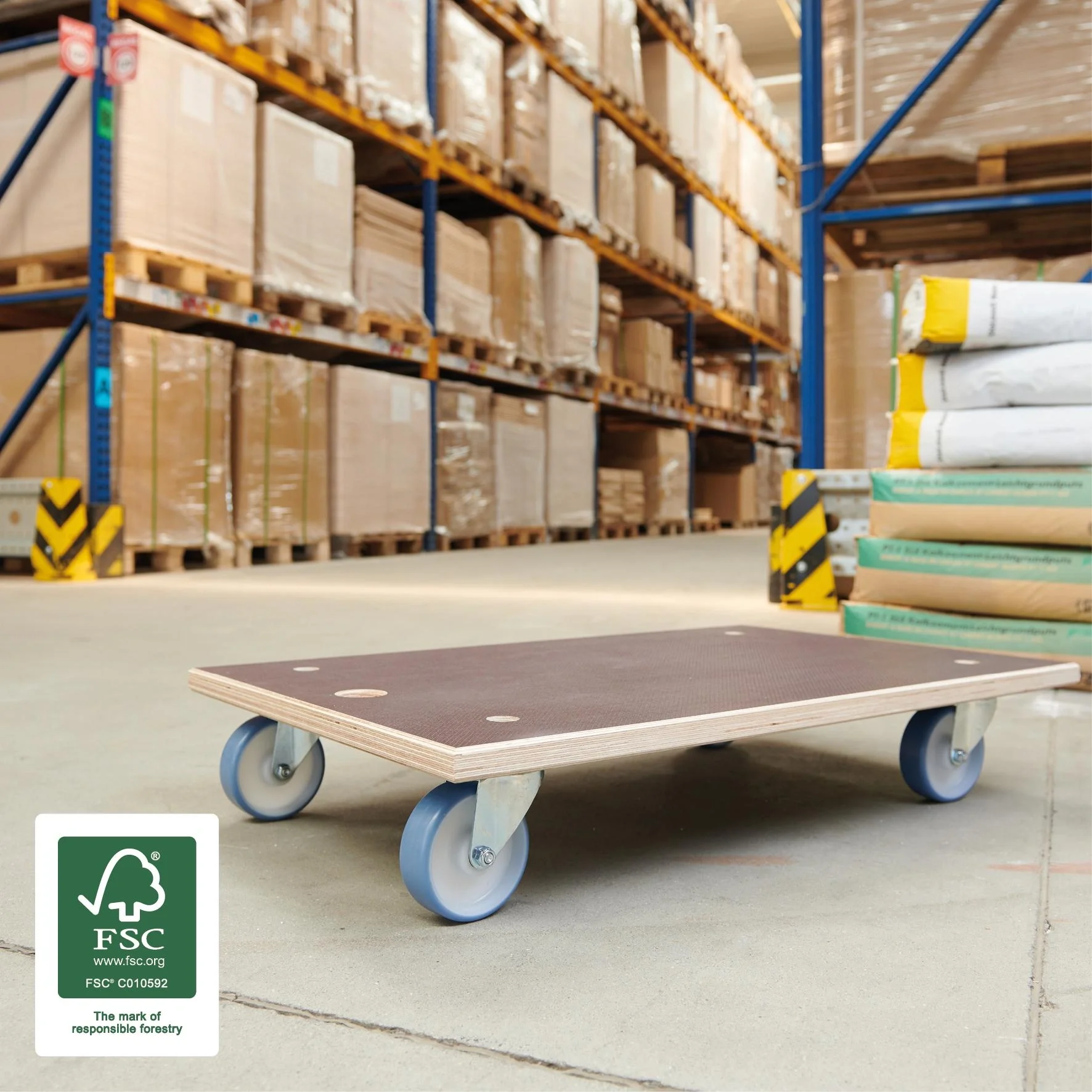 Transporthilfe MM 1146, 78 x 49 x 15 cm, softe Rollen Ø 100 mm, Rollenlager, Platte Maxigrip FSC®, Tragkraft 500 kg - 6